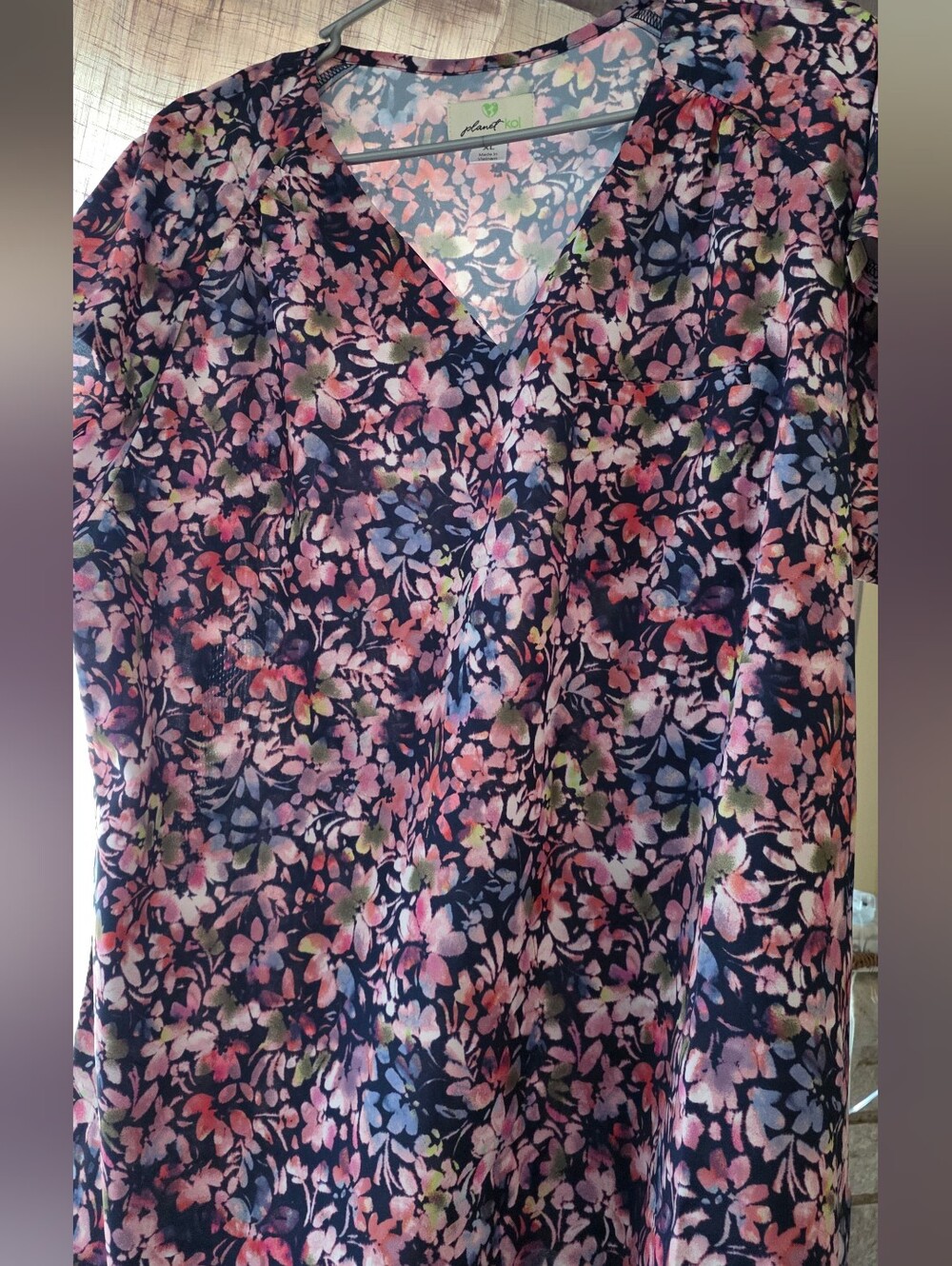 Planet Koi Floral V-Neck Women’s Scrub Top — Navy with Pink & Purple Floral